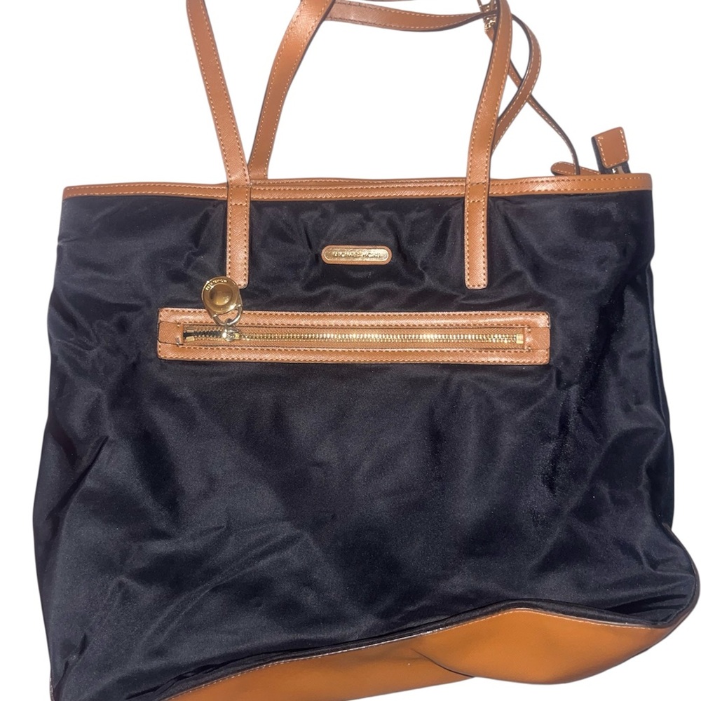 Michael Kors Black and Tan Tote Bag with Leather Accents